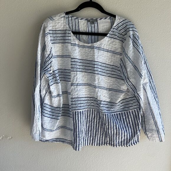 Habitat Tops - Habitat Blue White Stripe Boxy Blouse Women’s Large Lagenlook Coastal
